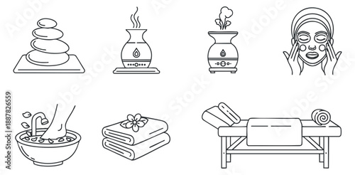 A collection of spa and wellness icons including massage stones, essential oils, a facial treatment, and a massage table in minimalist outline vector style, perfect for health and beauty projects
