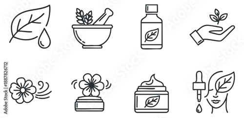 A collection of skincare and wellness icons including leaves, a mortar and pestle, a bottle, a flower, and a dropper in minimalist black and white vector style, suitable for beauty and health branding