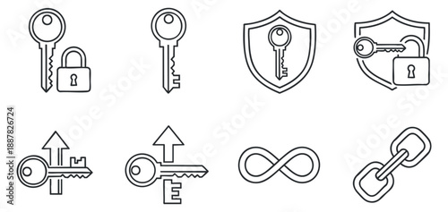 A collection of security icons including keys, locks, a shield, and arrows in minimalist outline vector style, ideal for technology and security branding