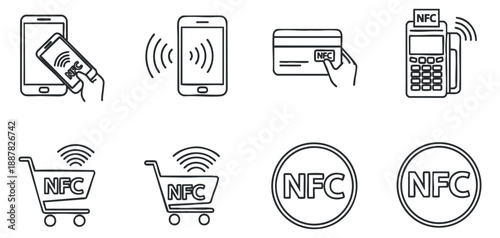 A collection of NFC payment icons featuring a smartphone, shopping cart, credit card, and payment terminal in flat outline vector style, suitable for technology and finance applications