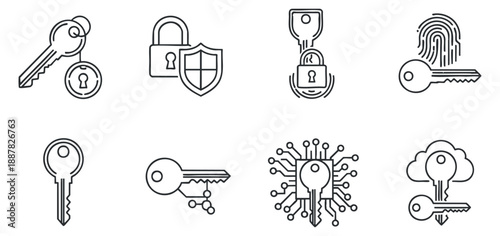 A set of key and lock icons in minimalist outline vector style, suitable for cybersecurity and technology projects