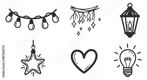 A collection of decorative symbols including string lights, a star, a heart, and a lantern in minimalist black outline vector style, suitable for festive designs and celebrations