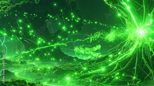 Futuristic landscape with glowing trees and interconnected networks, symbolizing technology and nature.