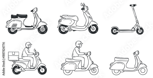 A collection of scooter and rider illustrations in minimalist black outline vector style, suitable for urban mobility themes