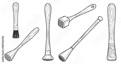 A set of cocktail muddlers in hand-drawn outline vector style, ideal for barware design and mixology projects