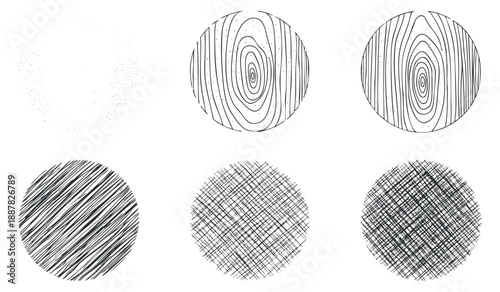 A collection of six circular patterns featuring various textures and line styles in black and white minimalist vector design, suitable for backgrounds and graphic projects