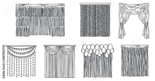 A collection of eight elegant curtain designs in black and white outline vector style, suitable for home decor and interior design projects