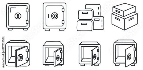 A collection of outline icons depicting different types of safes and storage boxes in minimalist vector style, ideal for security and storage solutions