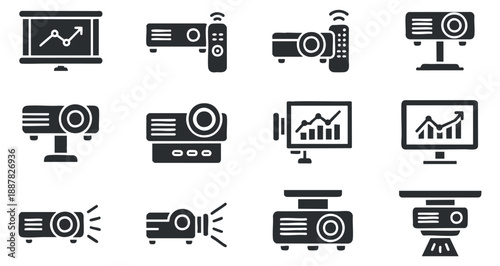 A collection of projector and screen icons depicting data visualization and presentation in flat black and white vector style, suitable for educational and business contexts