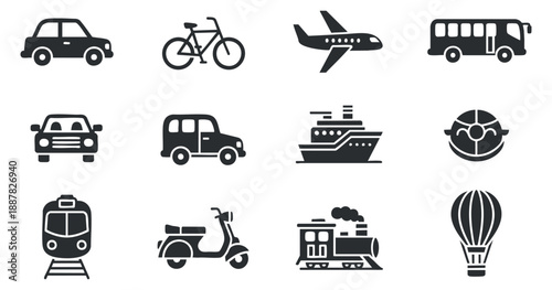 A collection of transportation icons including cars, bicycles, airplanes, and more in black and white flat vector style, ideal for travel and commuting applications