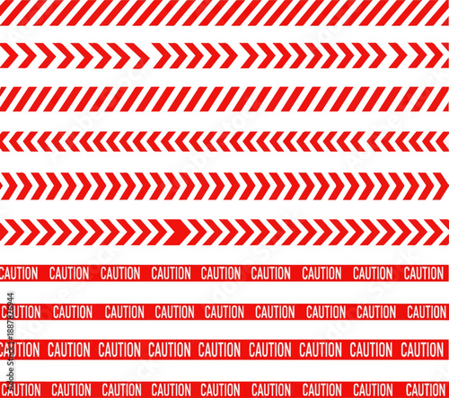 Create a realistic kinds of deferent Caution red white stripes warning lines - Caution tape template vector art with white background..