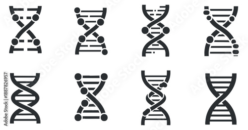 A collection of DNA helix icons in black and white vector style, suitable for scientific presentations and educational materials