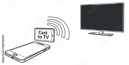 A smartphone displaying a casting icon to a TV in minimalist outline vector style, ideal for technology and digital media projects