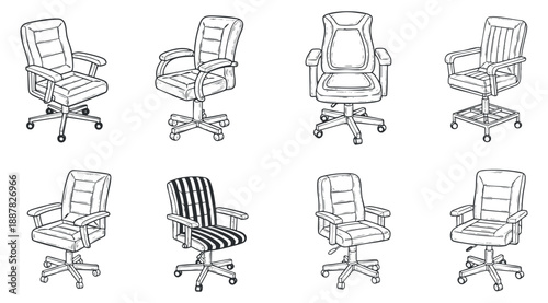 A collection of eight office chairs in outline sketch style, featuring various designs suitable for workspace and interior decor