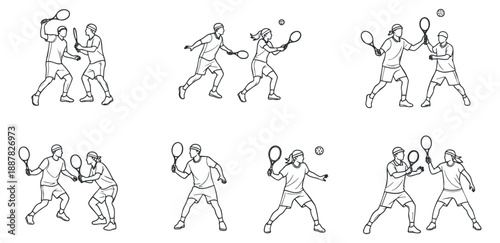 A set of tennis players engaging in a friendly match in minimalist outline vector style, perfect for sports-themed designs