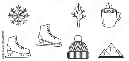 A collection of winter-themed icons including ice skates, a snowflake, a tree, a hot drink, and mountains in minimalist black outline style, perfect for seasonal designs and holiday graphics