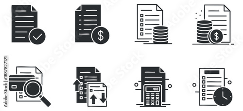 A collection of business and finance icons featuring documents, checklists, money, and calculators in flat monochrome vector style, suitable for corporate presentations and financial projects