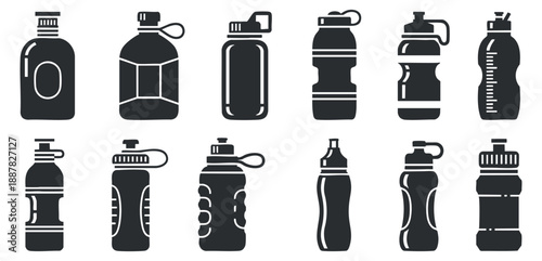 A set of various water bottles in black silhouette vector style, suitable for fitness and outdoor branding