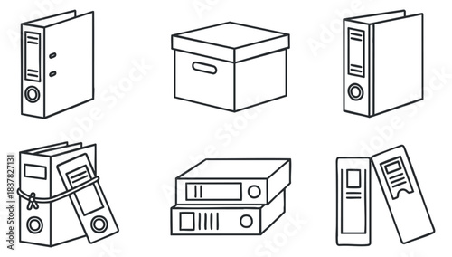 A collection of office storage items including binders, folders, and boxes in black and white outline vector style, suitable for organizational and administrative designs