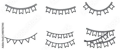 A collection of decorative bunting flags in minimalist outline vector style, ideal for festive event design and branding