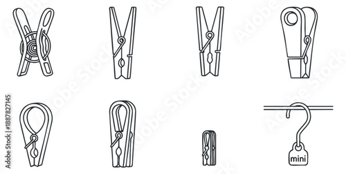 A collection of various clothespin illustrations in minimal outline vector style, ideal for laundry and household design projects