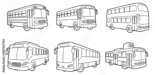 A collection of various bus designs including double-decker and minibus in black outline vector style, suitable for transportation graphics and urban planning
