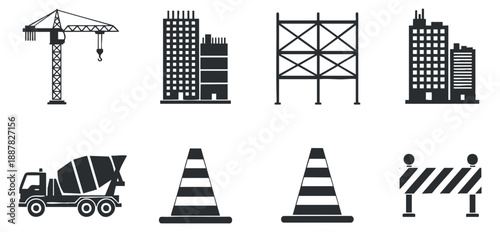A collection of construction icons including a crane, buildings, cement truck, traffic cones, and barriers in black and white vector style, perfect for industry-related projects and designs