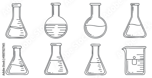 A collection of laboratory glassware including flasks and beakers in minimalist outline vector style, suitable for educational materials and scientific illustrations
