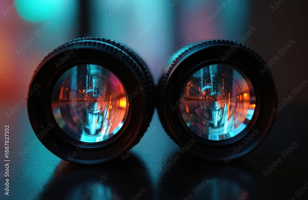 Fototapeta premium Two camera lenses with bokeh reflections create a tunnel effect. Blue and orange lights create a futuristic mood. They sit on a dark surface, ready for use.