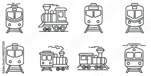A collection of train and locomotive icons in black and white outline vector style, suitable for transportation themes