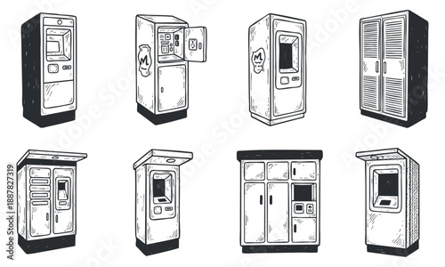 A set of various vending machines in black and white outline vector style, ideal for commercial and design projects