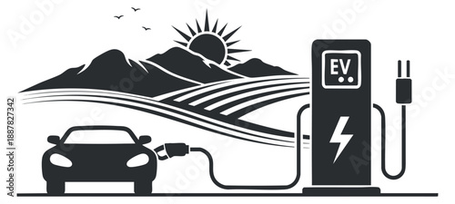 An electric vehicle charging at a station surrounded by mountains and a sunrise in black and white vector style, ideal for sustainable transportation themes