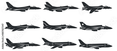 A set of various aircraft silhouettes including fighter jets and commercial planes in black vector style, ideal for aviation-themed designs