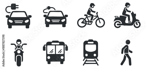 A collection of transportation icons including electric cars, bicycles, scooters, buses, and trains in modern flat vector style, suitable for urban mobility projects