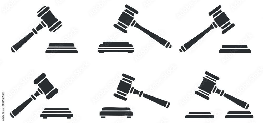 Obraz premium A collection of six gavel icons in black vector style, suitable for legal and justice-themed projects