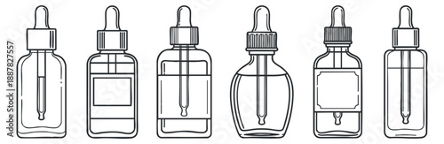 A collection of six outline vector style dropper bottles, ideal for cosmetic and skincare branding projects