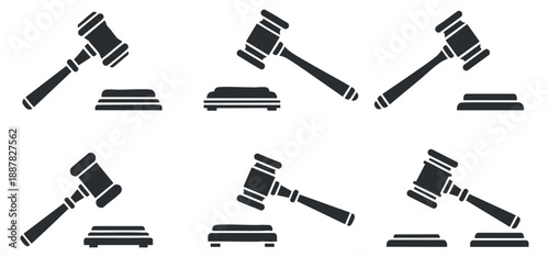 A collection of six gavel icons in black vector style, suitable for legal and justice-themed projects