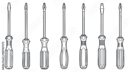 A set of various screwdrivers including flathead and phillips in clean outline vector style, ideal for hardware and tool branding