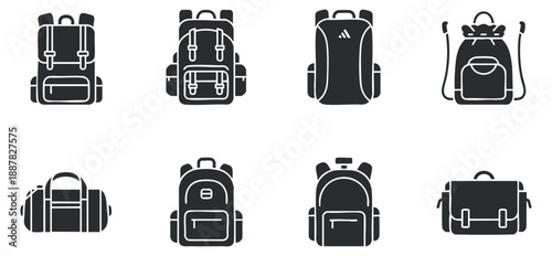 A collection of various backpack and bag icons in flat minimalist black and white vector style, suitable for travel and fashion branding