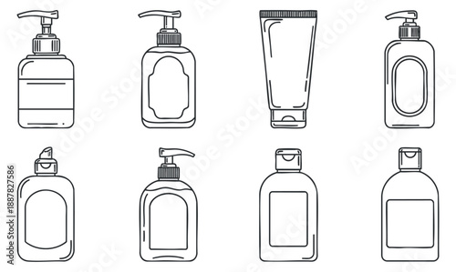 A collection of various cosmetic and personal care product bottles in minimalist outline vector style, suitable for branding and packaging designs