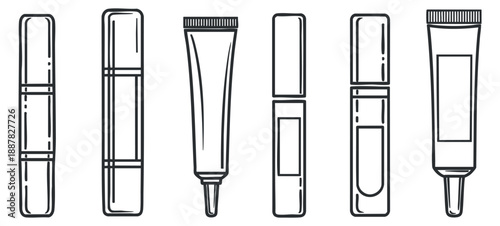 A collection of cosmetic tubes and bottles in clean black and white outline vector style, suitable for beauty product branding and design