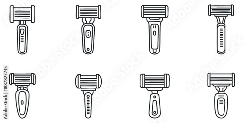 A collection of eight different razors in a clean black and white outline vector style, suitable for beauty and grooming projects