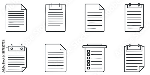 A collection of various paper sheets and notepads in clean outline vector style, ideal for office and stationery designs