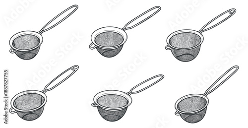 A collection of six kitchen strainers in black and white outline vector style, ideal for culinary design projects