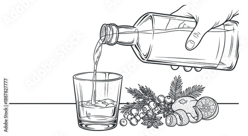 A hand pouring water from a bottle into a glass surrounded by fresh herbs, lemon, and ginger in outline vector style, suitable for healthy beverage designs