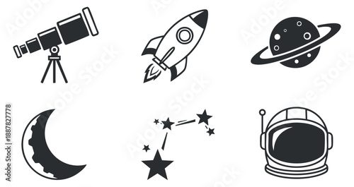 A collection of space-themed icons including a telescope, rocket, planets, stars, moon, and astronaut in black and white vector style, perfect for educational and creative projects