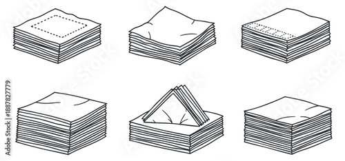 A collection of six paper stack illustrations in outline minimalist vector style, suitable for office and stationery design