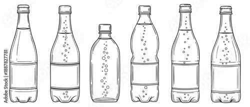 A collection of six outlined beverage bottles in minimalist vector style, ideal for packaging design and branding