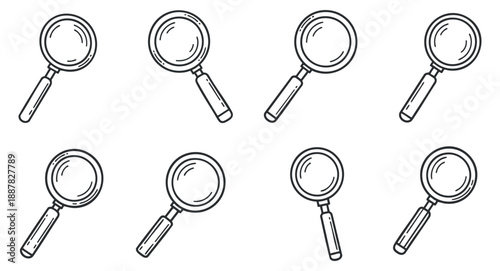 A collection of magnifying glasses in outline vector style, ideal for search and investigation themes