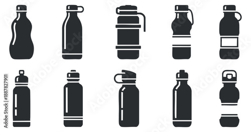 A collection of various water bottles in black silhouette vector style, ideal for fitness and outdoor design projects
